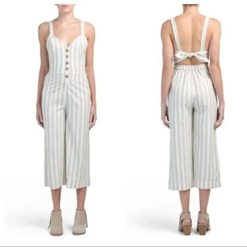 JAPNA Cotton Ivory Grey Jumpsuit  Wide Leg Open Back Striped Stretch Buttoned S
